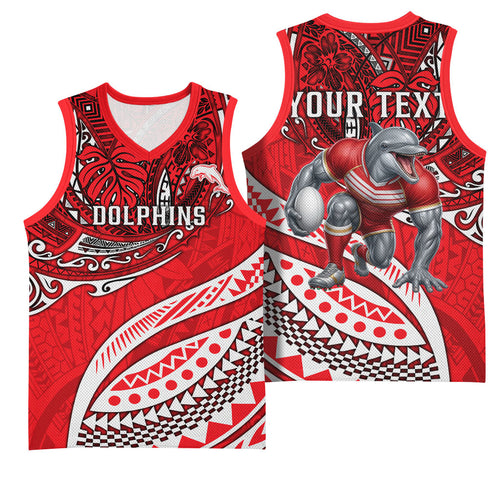 Personalised Dolphins Basketball Jersey Polynesian Tribal Art Style With Muscular Dolphin Mascot