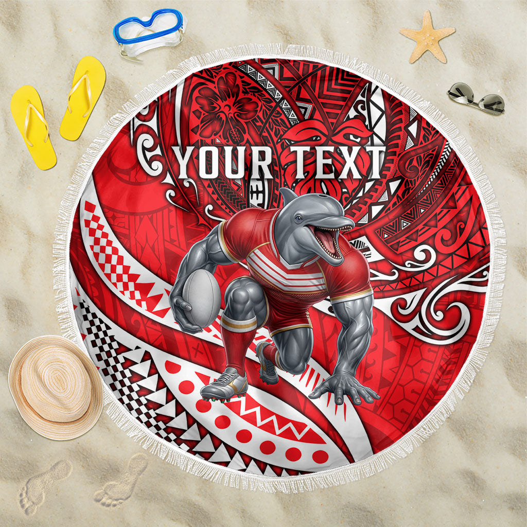 Personalised Dolphins Beach Blanket Polynesian Tribal Art Style With Muscular Dolphin Mascot
