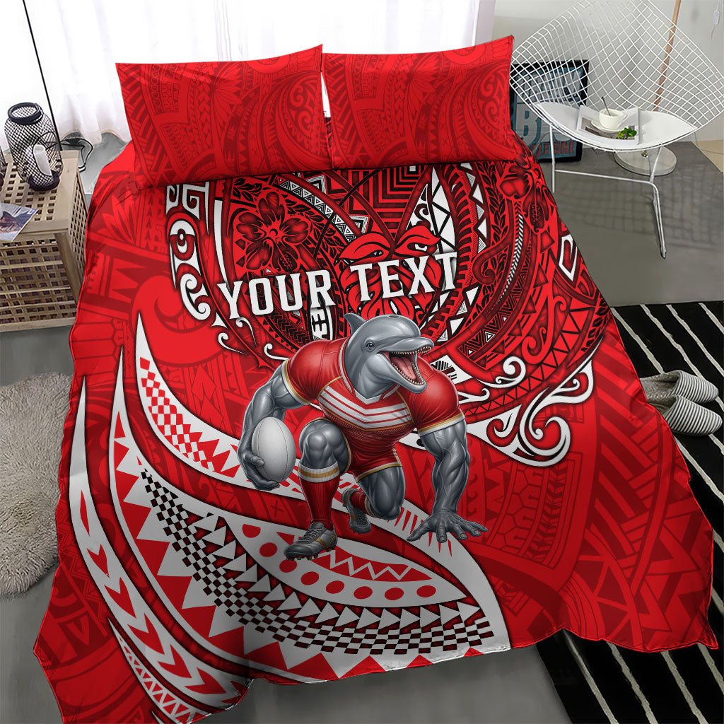 Personalised Dolphins Bedding Set Polynesian Tribal Art Style With Muscular Dolphin Mascot