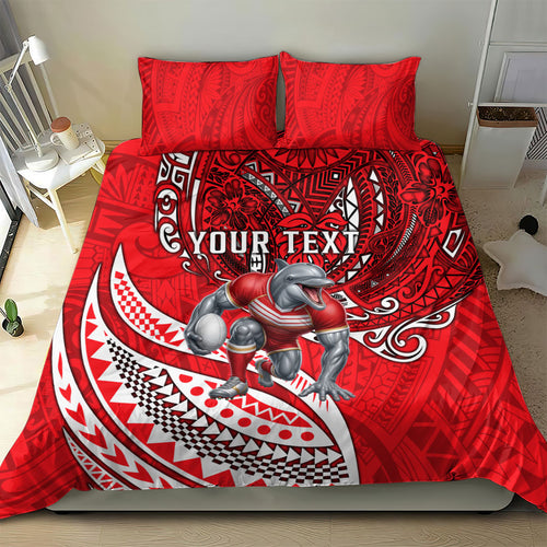 Personalised Dolphins Bedding Set Polynesian Tribal Art Style With Muscular Dolphin Mascot
