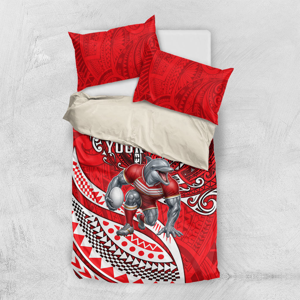 Personalised Dolphins Bedding Set Polynesian Tribal Art Style With Muscular Dolphin Mascot
