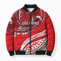 Personalised Dolphins Bomber Puffer Jacket Polynesian Tribal Art Style With Muscular Dolphin Mascot