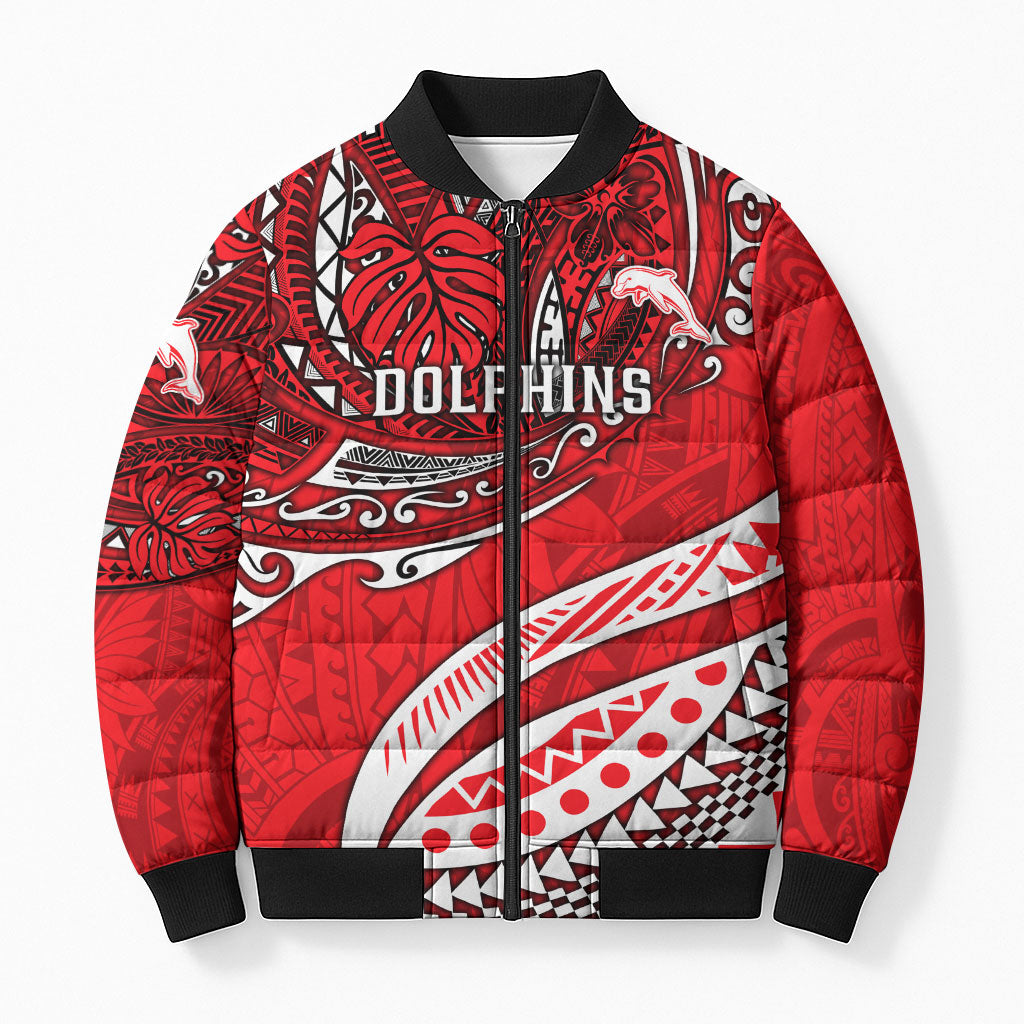 Personalised Dolphins Bomber Puffer Jacket Polynesian Tribal Art Style With Muscular Dolphin Mascot
