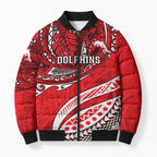 Personalised Dolphins Bomber Puffer Jacket Polynesian Tribal Art Style With Muscular Dolphin Mascot