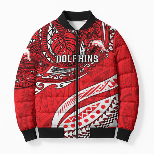 Personalised Dolphins Bomber Puffer Jacket Polynesian Tribal Art Style With Muscular Dolphin Mascot