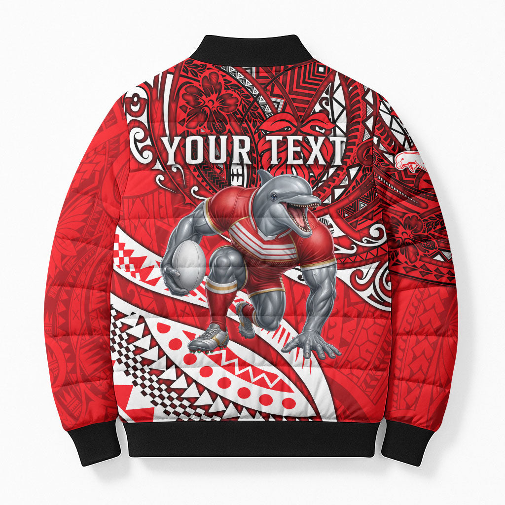 Personalised Dolphins Bomber Puffer Jacket Polynesian Tribal Art Style With Muscular Dolphin Mascot