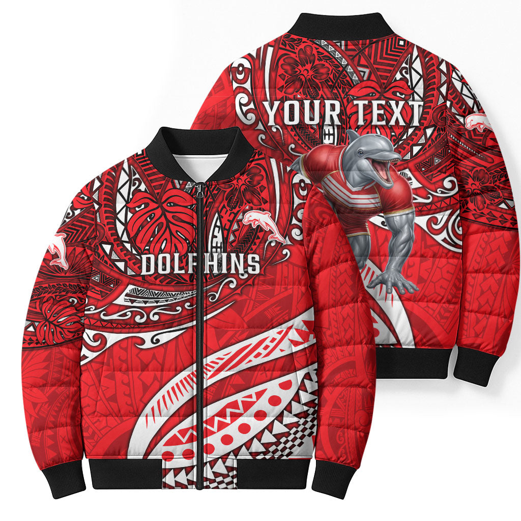 Personalised Dolphins Bomber Puffer Jacket Polynesian Tribal Art Style With Muscular Dolphin Mascot
