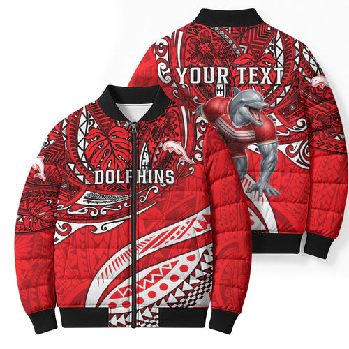 Personalised Dolphins Bomber Puffer Jacket Polynesian Tribal Art Style With Muscular Dolphin Mascot