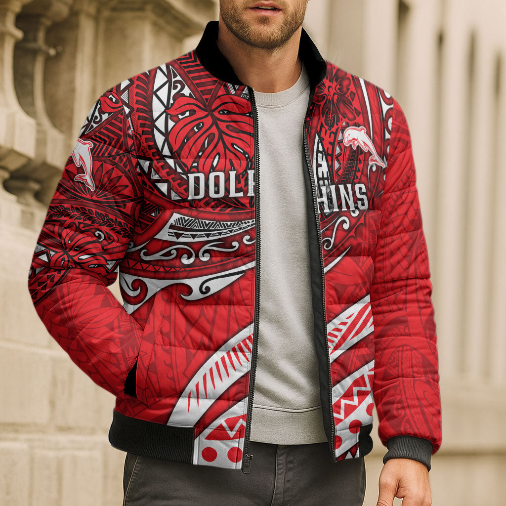Personalised Dolphins Bomber Puffer Jacket Polynesian Tribal Art Style With Muscular Dolphin Mascot