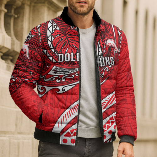 Personalised Dolphins Bomber Puffer Jacket Polynesian Tribal Art Style With Muscular Dolphin Mascot