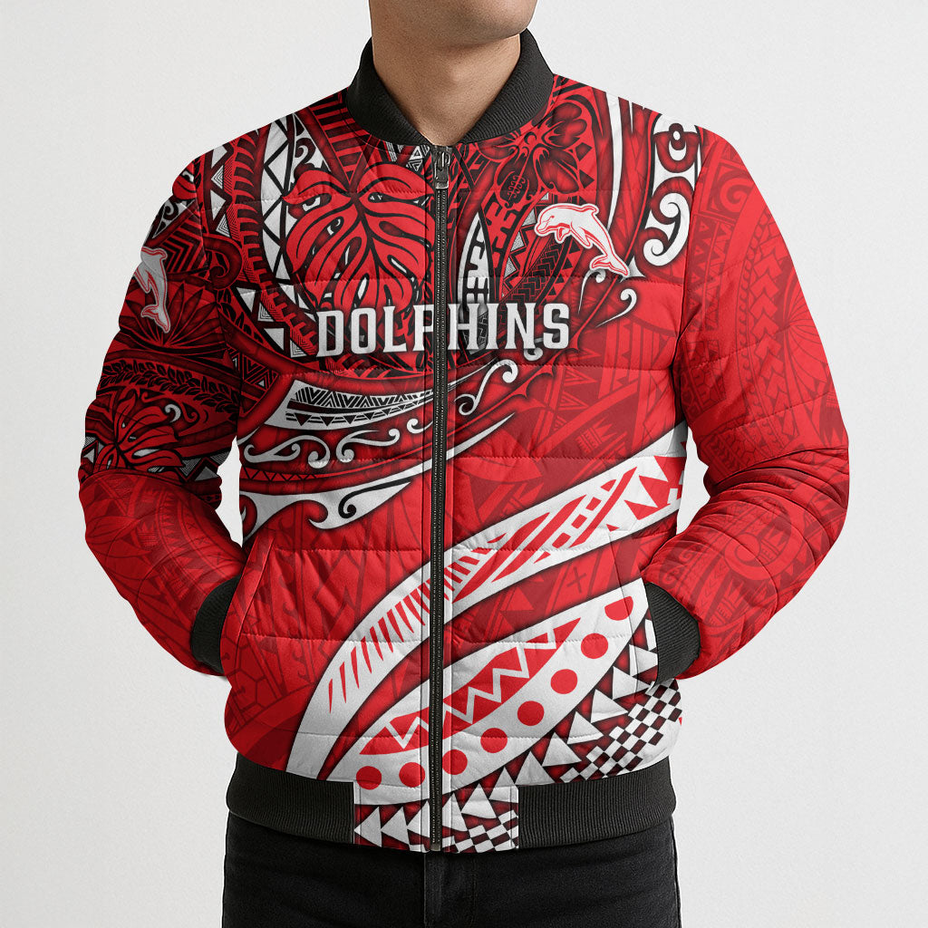 Personalised Dolphins Bomber Puffer Jacket Polynesian Tribal Art Style With Muscular Dolphin Mascot