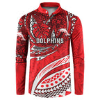 Personalised Dolphins Button Sweatshirt Polynesian Tribal Art Style With Muscular Dolphin Mascot