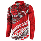 Personalised Dolphins Button Sweatshirt Polynesian Tribal Art Style With Muscular Dolphin Mascot
