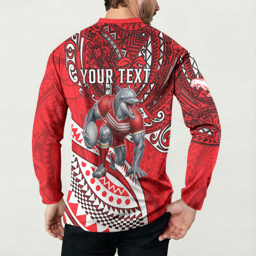 Personalised Dolphins Button Sweatshirt Polynesian Tribal Art Style With Muscular Dolphin Mascot