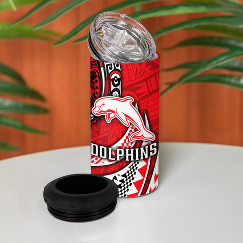 Personalised Dolphins 4 in 1 Can Cooler Tumbler Polynesian Tribal Art Style With Muscular Dolphin Mascot