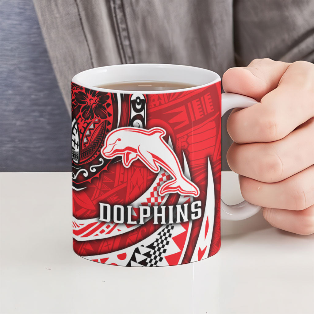 Personalised Dolphins Ceramic Mug Polynesian Tribal Art Style With Muscular Dolphin Mascot