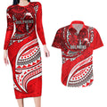 Personalised Dolphins Couples Matching Long Sleeve Bodycon Dress and Hawaiian Shirt Polynesian Tribal Art Style With Muscular Dolphin Mascot