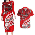 Personalised Dolphins Couples Matching Long Sleeve Bodycon Dress and Hawaiian Shirt Polynesian Tribal Art Style With Muscular Dolphin Mascot