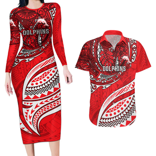 Personalised Dolphins Couples Matching Long Sleeve Bodycon Dress and Hawaiian Shirt Polynesian Tribal Art Style With Muscular Dolphin Mascot