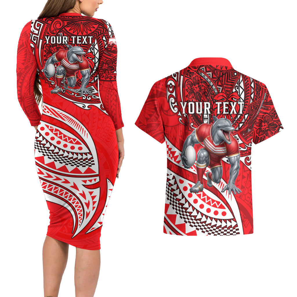 Personalised Dolphins Couples Matching Long Sleeve Bodycon Dress and Hawaiian Shirt Polynesian Tribal Art Style With Muscular Dolphin Mascot