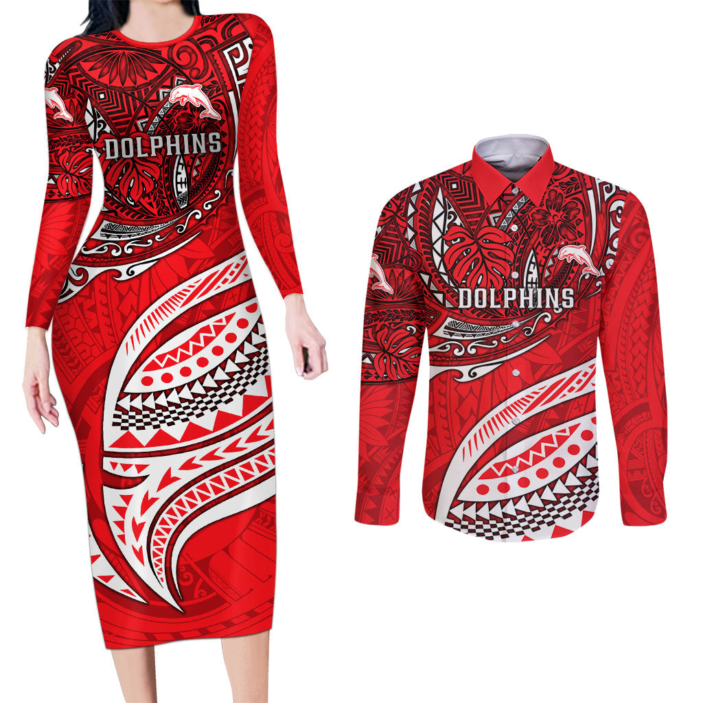 Personalised Dolphins Couples Matching Long Sleeve Bodycon Dress and Long Sleeve Button Shirt Polynesian Tribal Art Style With Muscular Dolphin Mascot