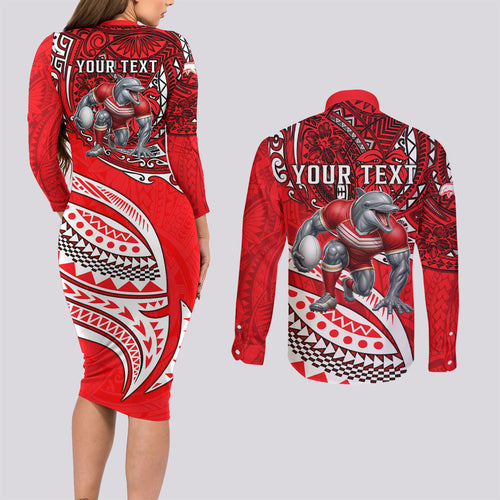Personalised Dolphins Couples Matching Long Sleeve Bodycon Dress and Long Sleeve Button Shirt Polynesian Tribal Art Style With Muscular Dolphin Mascot