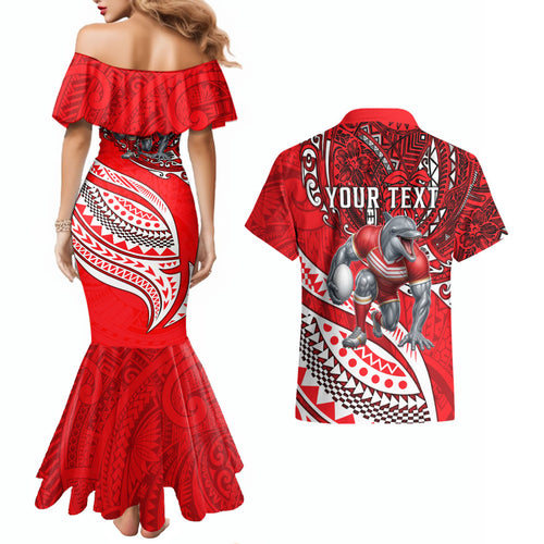 Personalised Dolphins Couples Matching Mermaid Dress and Hawaiian Shirt Polynesian Tribal Art Style With Muscular Dolphin Mascot