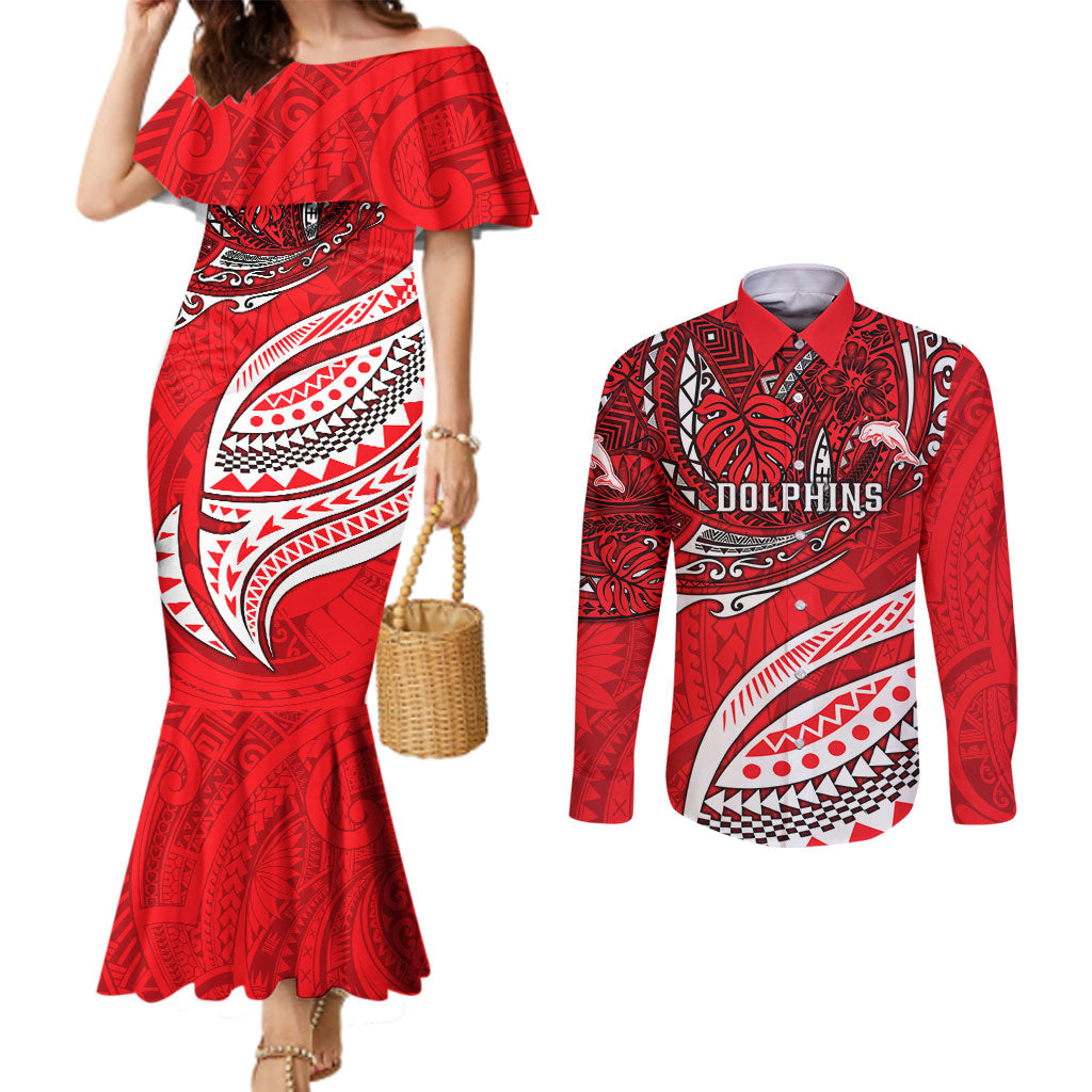 Personalised Dolphins Couples Matching Mermaid Dress and Long Sleeve Button Shirt Polynesian Tribal Art Style With Muscular Dolphin Mascot