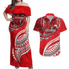 Personalised Dolphins Couples Matching Off Shoulder Maxi Dress and Hawaiian Shirt Polynesian Tribal Art Style With Muscular Dolphin Mascot