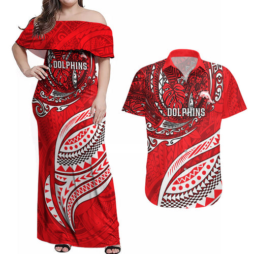 Personalised Dolphins Couples Matching Off Shoulder Maxi Dress and Hawaiian Shirt Polynesian Tribal Art Style With Muscular Dolphin Mascot