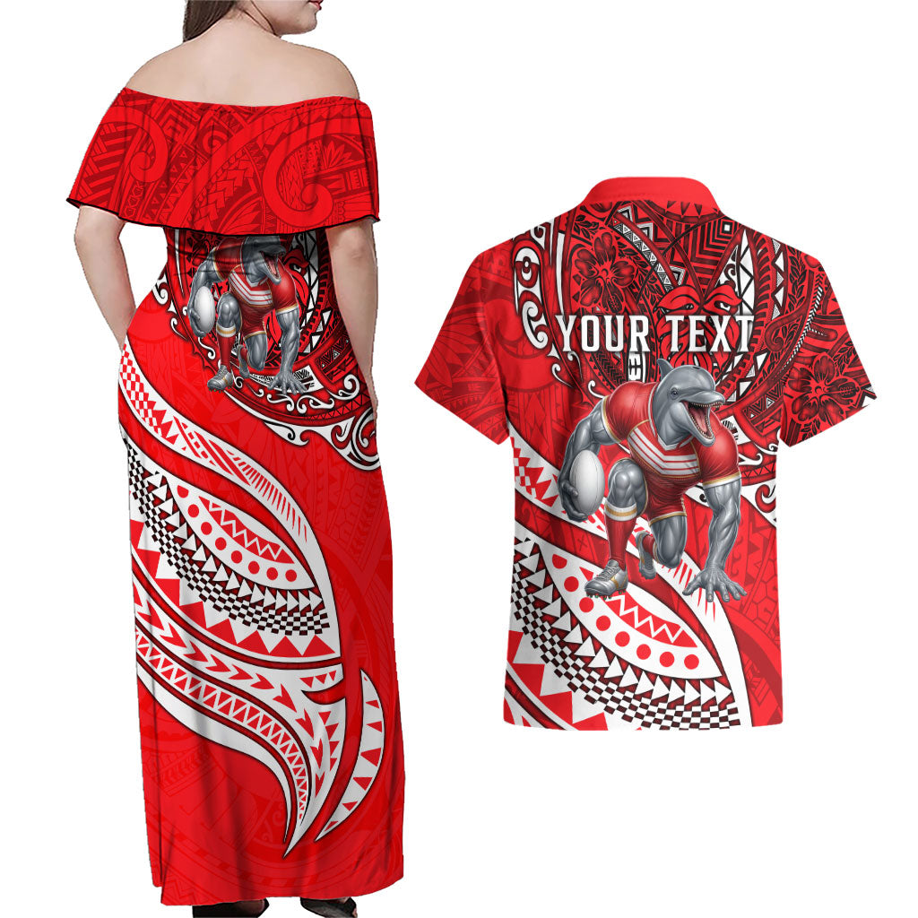 Personalised Dolphins Couples Matching Off Shoulder Maxi Dress and Hawaiian Shirt Polynesian Tribal Art Style With Muscular Dolphin Mascot