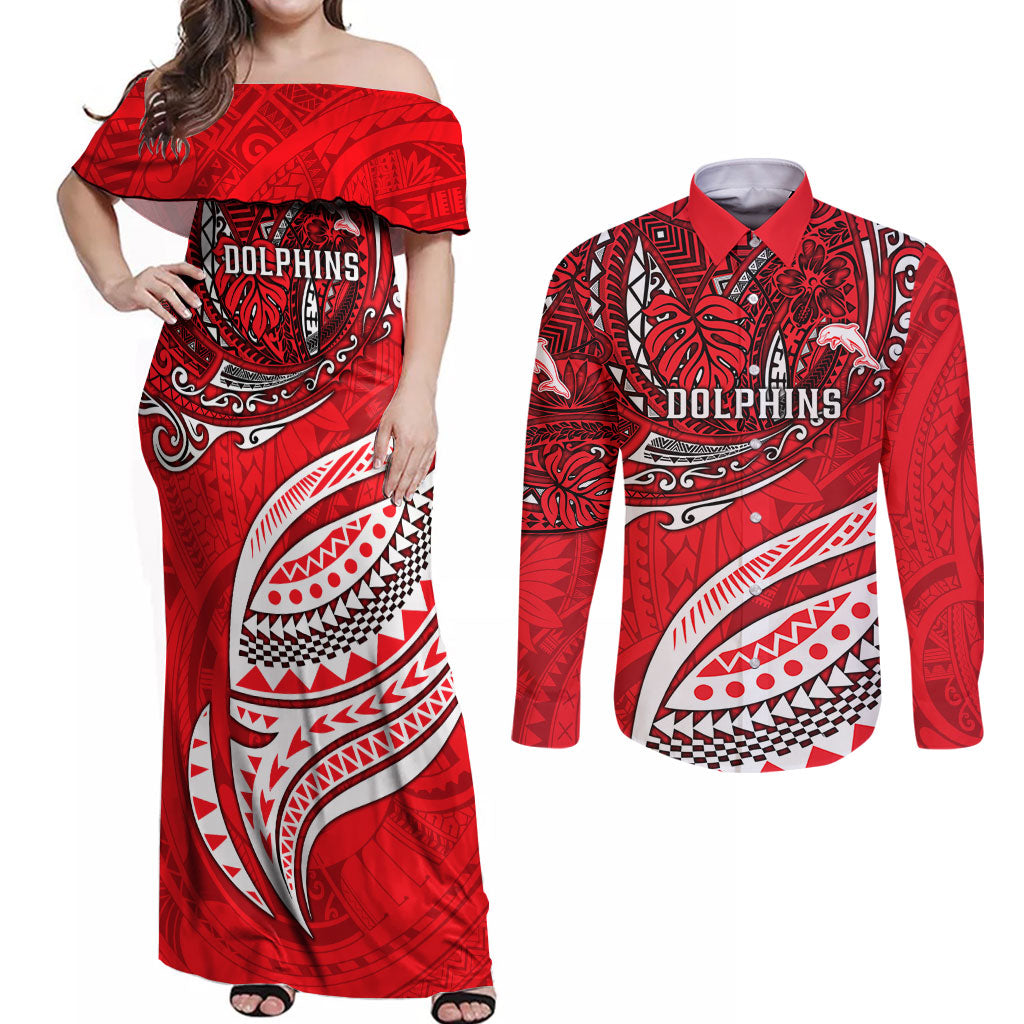 Personalised Dolphins Couples Matching Off Shoulder Maxi Dress and Long Sleeve Button Shirt Polynesian Tribal Art Style With Muscular Dolphin Mascot