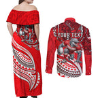 Personalised Dolphins Couples Matching Off Shoulder Maxi Dress and Long Sleeve Button Shirt Polynesian Tribal Art Style With Muscular Dolphin Mascot