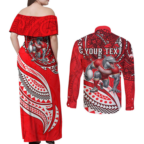 Personalised Dolphins Couples Matching Off Shoulder Maxi Dress and Long Sleeve Button Shirt Polynesian Tribal Art Style With Muscular Dolphin Mascot