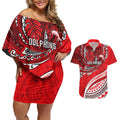 Personalised Dolphins Couples Matching Off Shoulder Short Dress and Hawaiian Shirt Polynesian Tribal Art Style With Muscular Dolphin Mascot