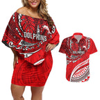 Personalised Dolphins Couples Matching Off Shoulder Short Dress and Hawaiian Shirt Polynesian Tribal Art Style With Muscular Dolphin Mascot