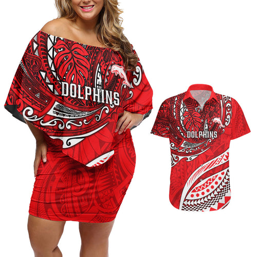 Personalised Dolphins Couples Matching Off Shoulder Short Dress and Hawaiian Shirt Polynesian Tribal Art Style With Muscular Dolphin Mascot