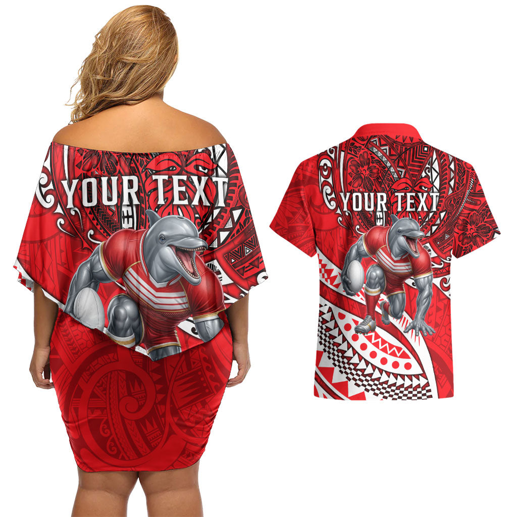 Personalised Dolphins Couples Matching Off Shoulder Short Dress and Hawaiian Shirt Polynesian Tribal Art Style With Muscular Dolphin Mascot