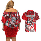 Personalised Dolphins Couples Matching Off Shoulder Short Dress and Hawaiian Shirt Polynesian Tribal Art Style With Muscular Dolphin Mascot