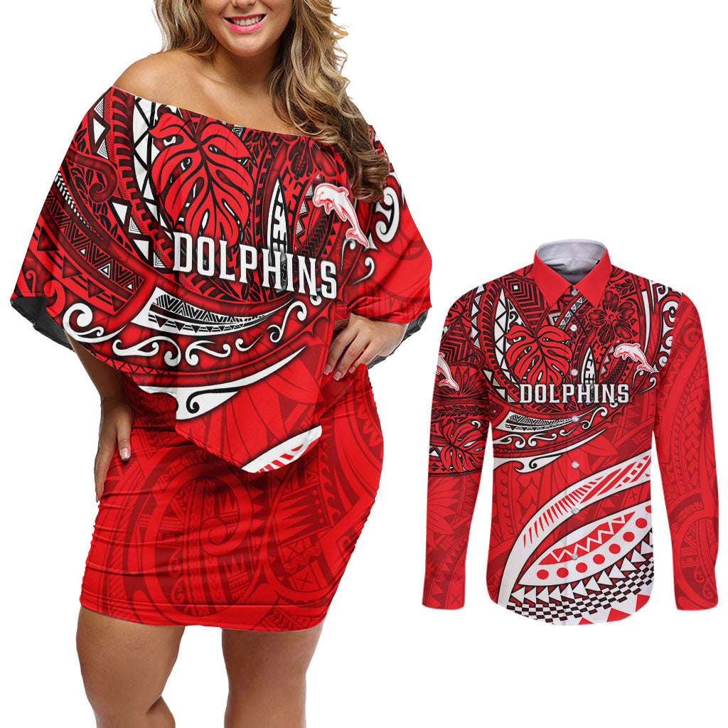 Personalised Dolphins Couples Matching Off Shoulder Short Dress and Long Sleeve Button Shirt Polynesian Tribal Art Style With Muscular Dolphin Mascot