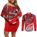 Personalised Dolphins Couples Matching Off Shoulder Short Dress and Long Sleeve Button Shirt Polynesian Tribal Art Style With Muscular Dolphin Mascot