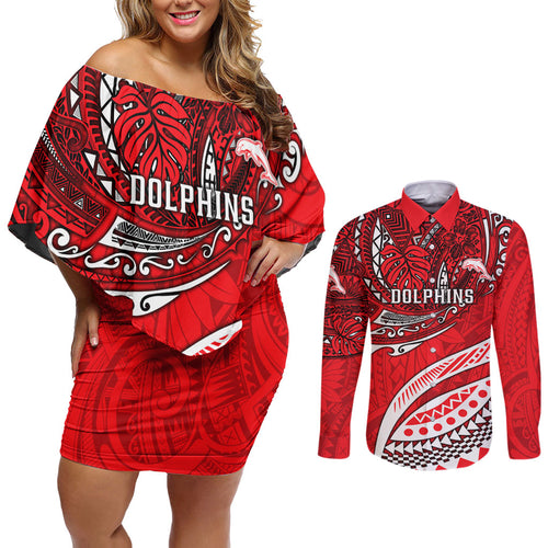 Personalised Dolphins Couples Matching Off Shoulder Short Dress and Long Sleeve Button Shirt Polynesian Tribal Art Style With Muscular Dolphin Mascot