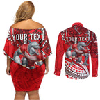 Personalised Dolphins Couples Matching Off Shoulder Short Dress and Long Sleeve Button Shirt Polynesian Tribal Art Style With Muscular Dolphin Mascot