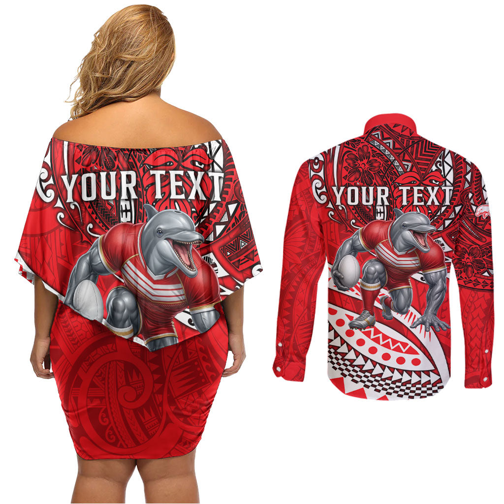Personalised Dolphins Couples Matching Off Shoulder Short Dress and Long Sleeve Button Shirt Polynesian Tribal Art Style With Muscular Dolphin Mascot