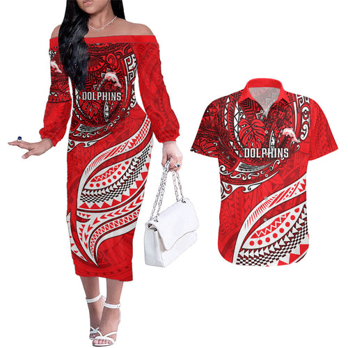 Personalised Dolphins Couples Matching Off The Shoulder Long Sleeve Dress and Hawaiian Shirt Polynesian Tribal Art Style With Muscular Dolphin Mascot