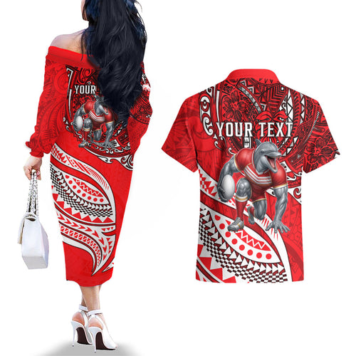 Personalised Dolphins Couples Matching Off The Shoulder Long Sleeve Dress and Hawaiian Shirt Polynesian Tribal Art Style With Muscular Dolphin Mascot