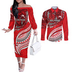 Personalised Dolphins Couples Matching Off The Shoulder Long Sleeve Dress and Long Sleeve Button Shirt Polynesian Tribal Art Style With Muscular Dolphin Mascot