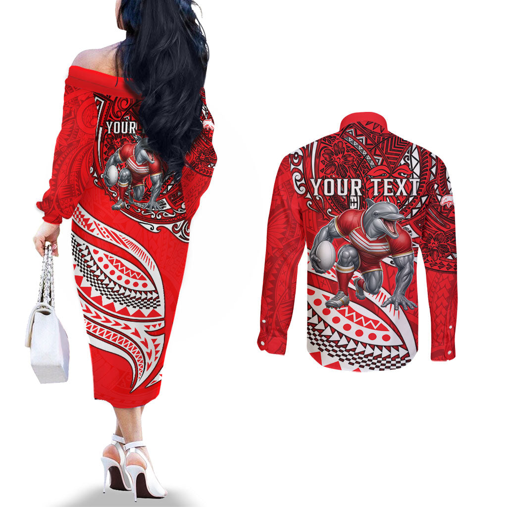 Personalised Dolphins Couples Matching Off The Shoulder Long Sleeve Dress and Long Sleeve Button Shirt Polynesian Tribal Art Style With Muscular Dolphin Mascot