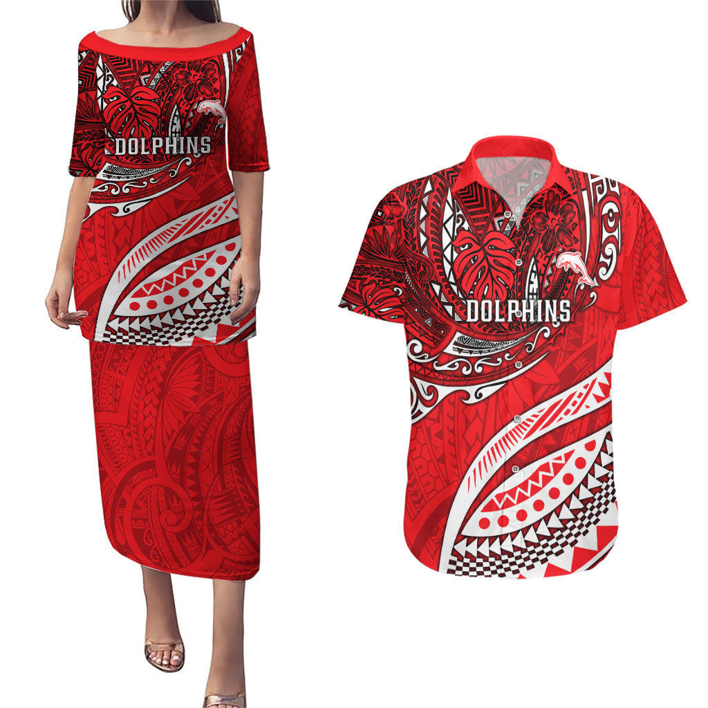 Personalised Dolphins Couples Matching Puletasi and Hawaiian Shirt Polynesian Tribal Art Style With Muscular Dolphin Mascot