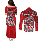 Personalised Dolphins Couples Matching Puletasi and Long Sleeve Button Shirt Polynesian Tribal Art Style With Muscular Dolphin Mascot